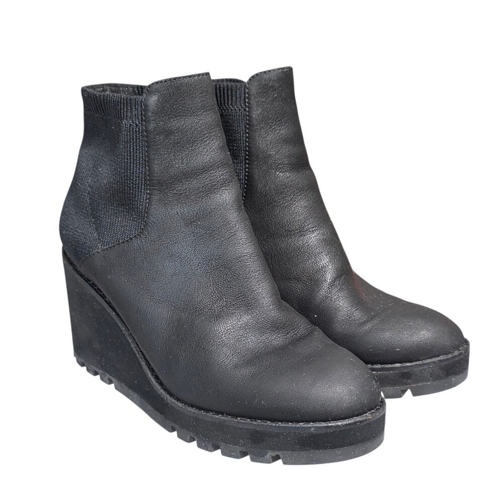 Eileen Fisher Womens 6.5 Black Leather Wedge Ankle Boots Lug Sole Chelsea Bootie
